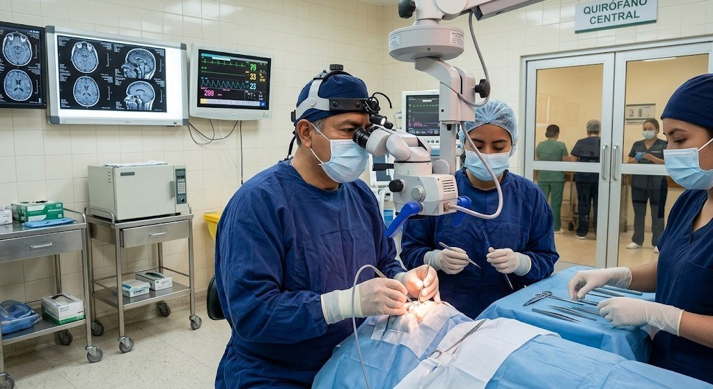 Equipo de neurocirugía en procedimiento con apoyo de imagenología