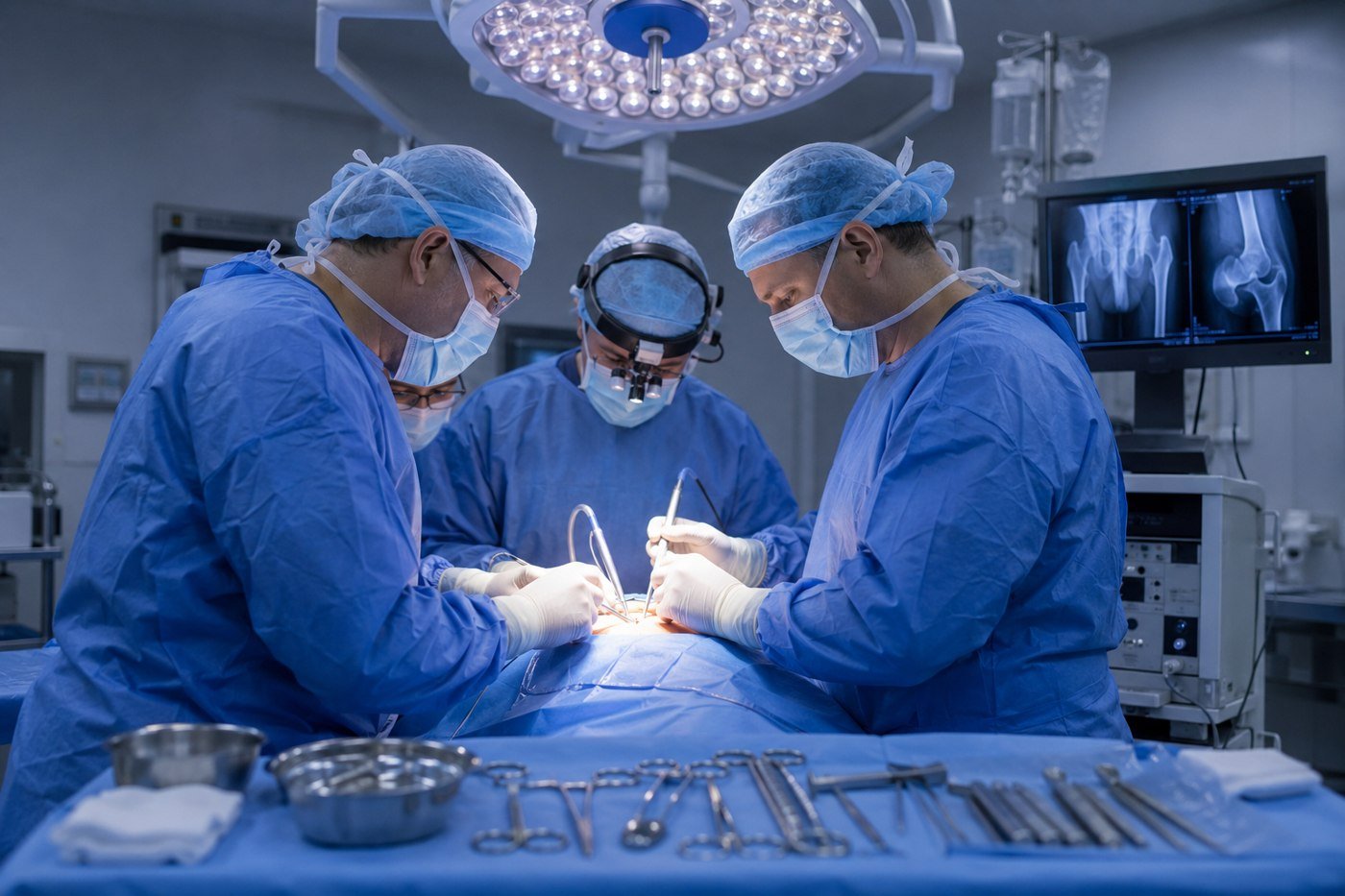 Equipo quirúrgico realizando cirugía de trauma con apoyo de imagenología